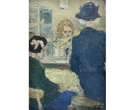 Ronald Ossory Dunlop (British 1894-1973): 'Youth and Age' - Cafe Scene, oil on canvas board signed, indistinctly titled verso