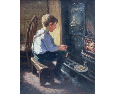 John William Gilroy (Newcastle 1868-1944): 'Granny Toast', oil on panel signed, original title label verso 40cm x 32cmConditi