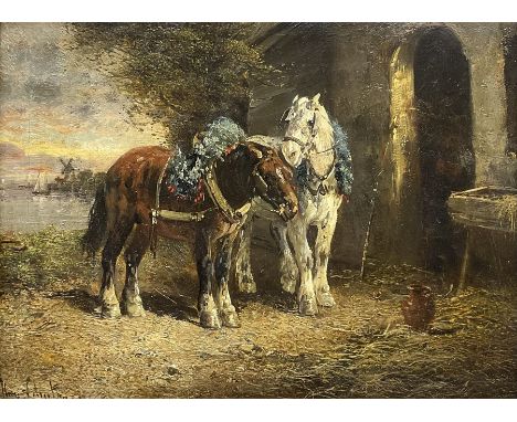 Henry Schouten (Belgian 1864-1927): Working Horses outside their Stable, oil on canvas signed 28cm x 38cmCondition Report:Goo
