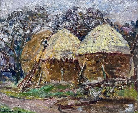 Rowland Henry Hill (Staithes Group 1873-1952): 'Cornstacks at Ellerby', oil on board signed and dated 1927, 22cm x 27cm Prove