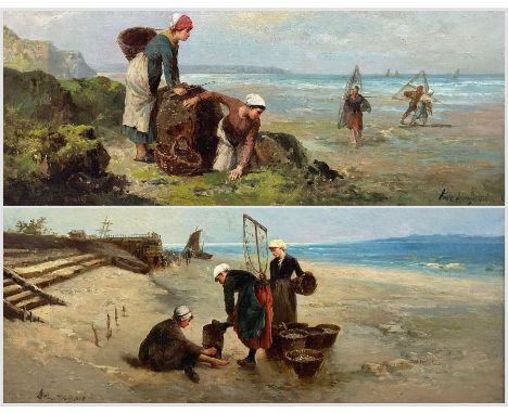 Paul Huguenin Virchaux (Swiss 1870-1919): Fishergirls on the Shore, pair oils on canvas signed 34cm x 64cm (2)Condition Repor