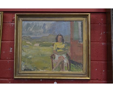 Jörn Stacht (Scandinavian School, early 20th century)
Portrait, Lady by the Dunes
signed, dated 1947, oil on canvas, 64cm x 7