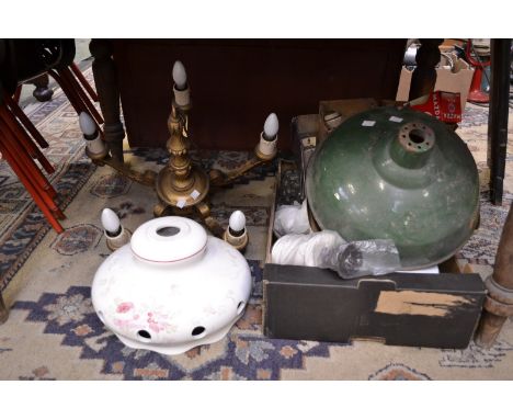 Lighting - vintage metal lampshade; bulkhead wall lights; a giltwood electrolier; ceramic lamp shade; bulbs.