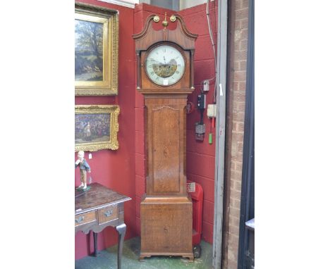 A George III oak and mahogany inlaid longcase clock, the round 33cm dial  painted with two boys playing shuttlecock, Roman ch