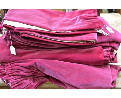 Textiles - a pair of large bay window plum velvet curtains , another two pairs