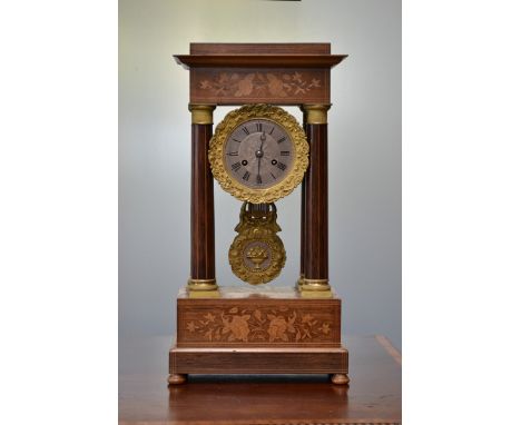 A 19th century Rosewood and marquetry portico clock, 9.5cm engine turned silvered dial inscribed with Roman numerals, twin wi