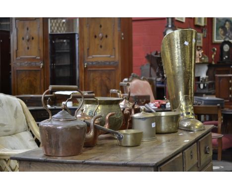 Metalware - a Victorian copper kettle;  others;  a boot form stick,umbrella stand;  a brass log basket etc (10)