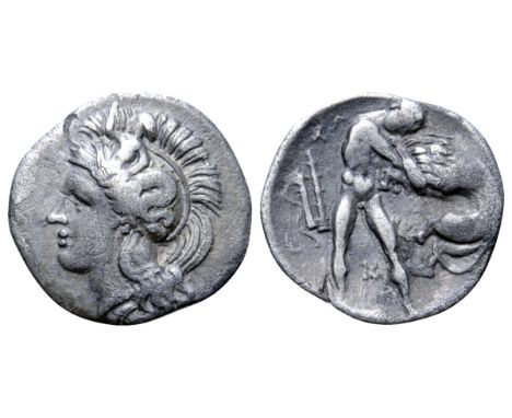 Calabria, Tarentum AR Diobol. Circa 380-325 BC. Helmeted head of Athena left, helmet decorated with Skylla / Herakles standin