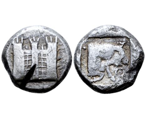 Cilicia, Tarsos AR Stater. Circa 455-400 BC. The walls of Tarsos, with three turrets visible, each turret surmounted by three