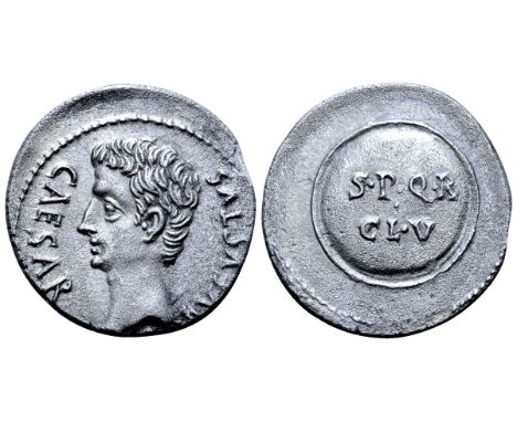 Augustus AR Denarius. Spanish mint (Colonia Caesaraugusta?), 19-18 BC. CAESAR AVGVSTVS, bare head left / Clipeus Virtutis ins