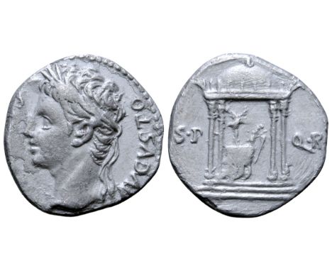 Augustus AR Denarius. Spanish mint (Colonia Patricia?), 19-18 BC. IMP CAESARI AVGVSTO, laureate head left / Round domed tetra