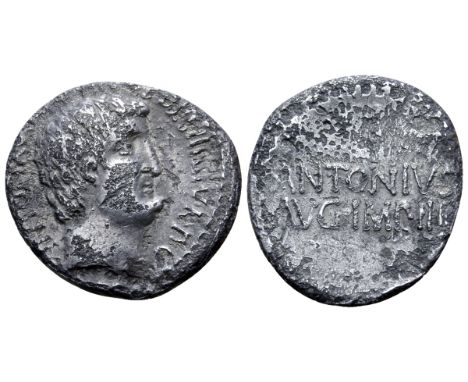 Marc Antony AR Denarius. Athens, Summer 32 BC. Bare head of Marc Antony right; in hair below ear, small P; [ANTON•AVG•IMP•III