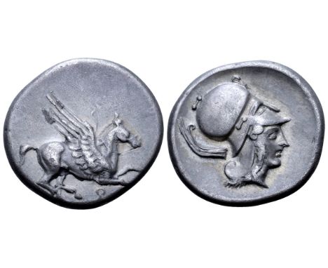 Corinthia, Corinth AR Stater. Circa 405-345 BC. Pegasos flying right, Q below / Head of Athena right, wearing Corinthian helm