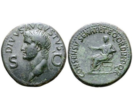 Divus Augustus Æ Dupondius. Struck under Caligula. Rome, AD 37-41. DIVVS• AVGVSTVS, radiate head left / CONSENSV• SENAT• EQ• 