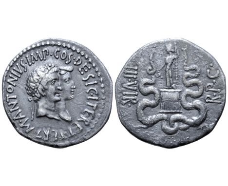 Marc Antony and Octavia AR Cistophoric Tetradrachm of Ephesus, Ionia. Struck circa 39 BC. M•ANTONIVS•IMP•COS•DESIG•ITER•ET•TE