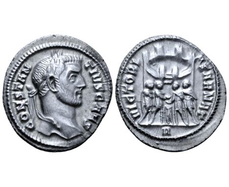 Constantius I, as Caesar, AR Argenteus. Rome, AD 295-297. CONSTANTIVS CAES, laureate head right / VICTORIA SARMAT, four princ
