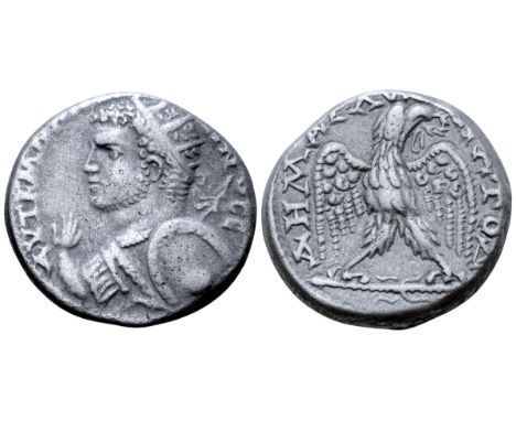 Caracalla AR Tetradrachm of Cyrrhus, Cyrrhestica. AD 215-217. AYT K MA [ANT?NI]NOC C, radiate and cuirassed bust left, holdin