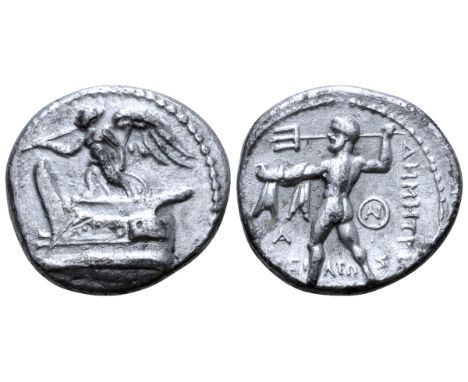 Kingdom of Macedon, Demetrios Poliorketes AR Drachm. Tarsos, circa 298-295 BC. Nike standing left on prow of galley left, blo