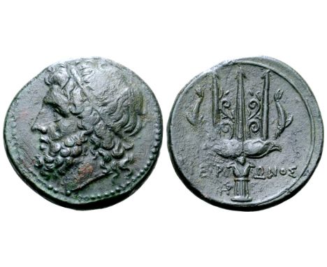 Sicily, Syracuse Æ Litra. Hieron II, circa 217-215 BC. Head of Poseidon left, wearing tainia / Ornamented trident head flanke