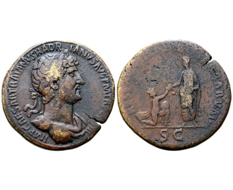 Hadrian Æ Sestertius. Rome, AD 119-121. IMP CAESAR TRAIANVS HADRIANVS AVG PM TR P C[OS] III, laureate and draped bust right /