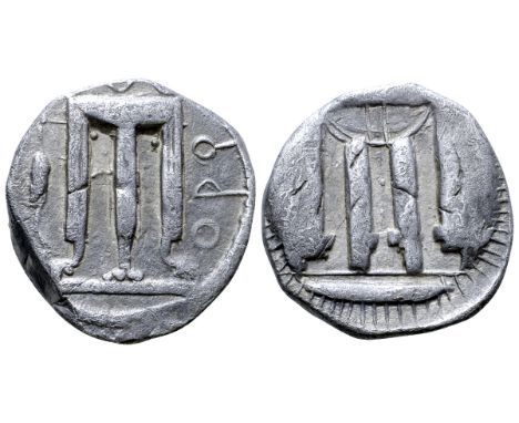 Bruttium, Kroton AR Stater. Circa 480-430 BC. Tripod with legs terminating in lion's feet; heron standing right on left, QPO 