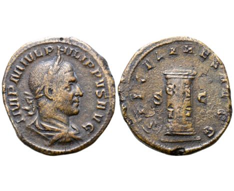 Philip I Æ Sestertius. Rome, AD 248. IMP M IVL PHILIPPVS AVG, laureate, draped and cuirassed bust right / SAECVLARES AVGG, lo