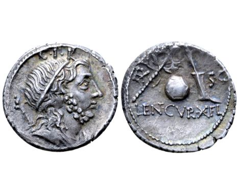 Cn. Lentulus AR Denarius. Spanish (?) mint, 76-75 BC. Diademed and draped bust of Genius Populi Romani right, with sceptre ov