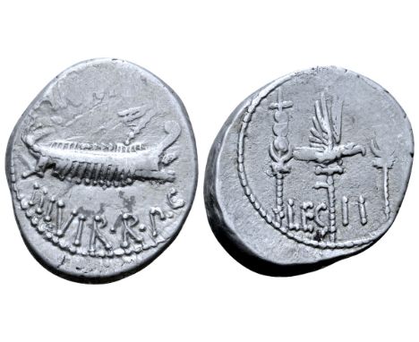 Marc Antony Legionary AR Denarius. Military mint moving with Antony, autumn 32 - spring 31 BC. ANT•AVG III•VIR•R•P•C, praetor
