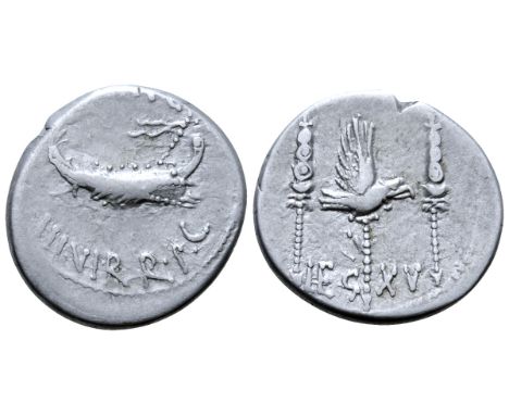 Marc Antony Legionary AR Denarius. Military mint moving with Antony, autumn 32 - spring 31 BC. ANT•AVG III•VIR•R•P•C, praetor