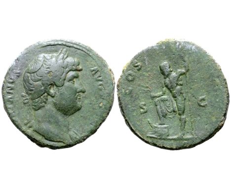 Hadrian Æ Sestertius. Rome, AD 124-128. HADRIANVS AVGVSTVS, laureate bust right, slight drapery on left shoulder / COS III, N