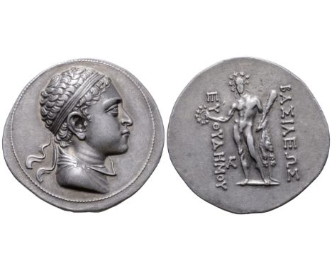 Greco-Baktrian Kingdom, Euthydemos II AR Tetradrachm. Circa 185-180 BC. Diademed bust right / BA?I?E?? EY?Y?HMOY, Herakles st