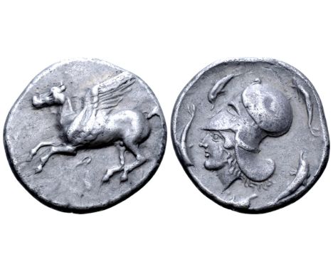 Corinthia, Corinth AR Stater. Circa 405-345 BC. Pegasus flying left; Q below / Head of Athena left, wearing Corinthian helmet