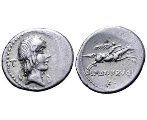 L. Calpurnius Piso Frugi AR Denarius. Rome, 90 BC. Laureate head of Apollo right; T to left, D to right / Horseman galloping 