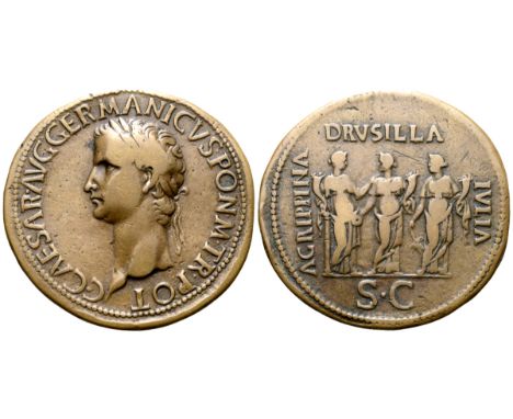 Caligula Struck Æ Paduan "Sestertius". After Giovanni Cavino, 1500-1570. C• CAESAR• AVG• GERMANICVS• PON• M• TR• POT, laureat