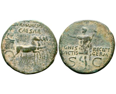 Germanicus (father of Caligula) Æ Dupondius. Rome, AD 37-41. [G]ERMANICVS CAESAR, Germanicus, bare-headed and draped, standin