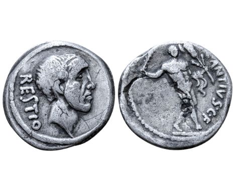 C. Antius C. f. Restio AR Denarius. Rome, 47 BC. Bare head of the tribune Antius Restio right; RESTIO behind / Hercules Trium