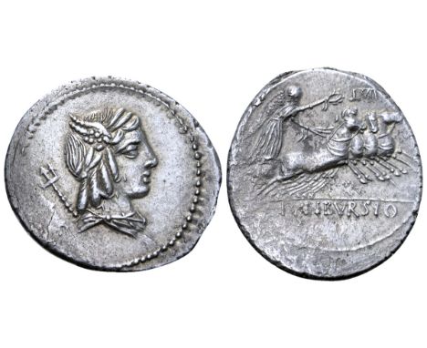 L. Julius Bursio AR Denarius. Rome, 85 BC. Male head right, with the attributes of Apollo, Mercury and Neptune; trident and [