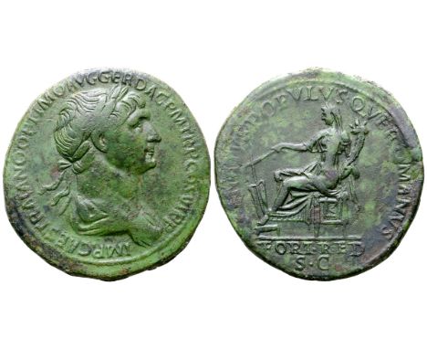 Trajan Æ Sestertius. Rome, AD 114-117. IMP CAES TRAIANO OPTIMO AVG GER DAC P M TR P COS VI P P, laureate and draped bust righ