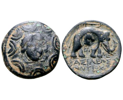 Seleukid Empire, Antiochos III 'the Great' Æ17. Military mint in Coele-Syria, circa 202-187 BC. Macedonian shield with gorgon