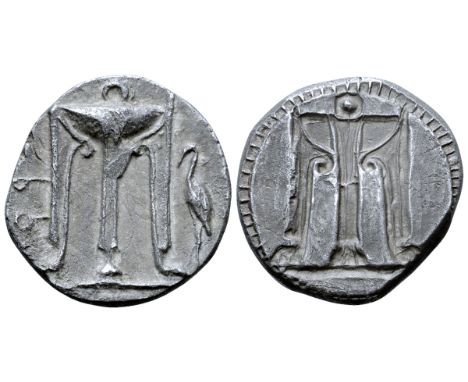 Bruttium, Kroton AR Stater. Circa 480-430 BC. Tripod with legs terminating in lion's feet; QPO to left, heron standing left o