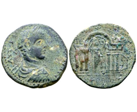 Elagabalus Æ27 of Byblus, Phoenicia. AD 218-222. AVT K [M AVP ANT?NINOC], laureate, draped and cuirassed bust right / Tyche o