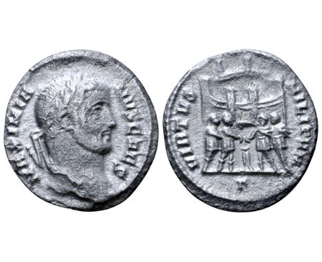 Maximian AR Argenteus. Rome, AD 295-297. MAXIMIANVS AVG laureate head right / VIRTVS MILITVM, the four Tetrarchs sacrificing 