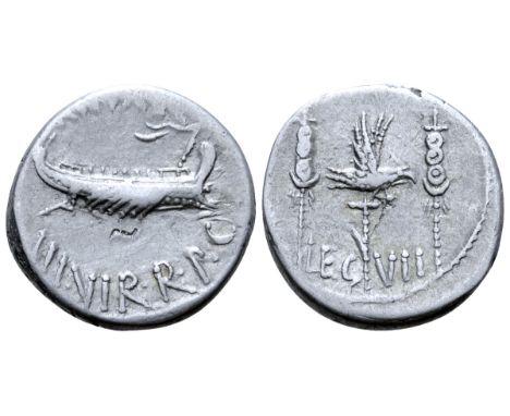Marc Antony Legionary AR Denarius. Military mint moving with Antony, autumn 32 - spring 31 BC. ANT•AVG III•VIR•R•P•C, praetor