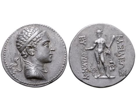 Greco-Baktrian Kingdom, Euthydemos II AR Tetradrachm. Circa 185-180 BC. Diademed bust right / BA?I?E?? EY?Y?HMOY, Herakles st