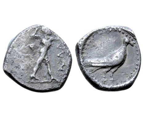 Lucania, Sybaris AR Triobol. 453-448 BC. Poseidon striding right, wielding trident; uncertain legend around / Bird (thrush) s