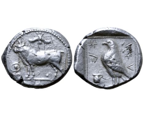 Cyprus, Paphos AR Stater. Stasandros, circa 425 BC or later. Bull standing left; winged solar disk above, ankh to left, palme