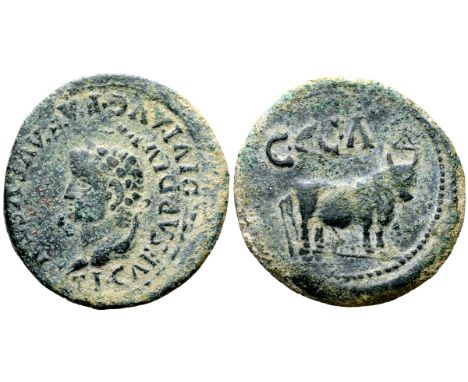 Tiberius Æ As of Caesaraugusta, Spain. AD 14-37. TI CAESART DIVI AVG F A AVGVSTVS(sic), laureate head left / Bull standing ri