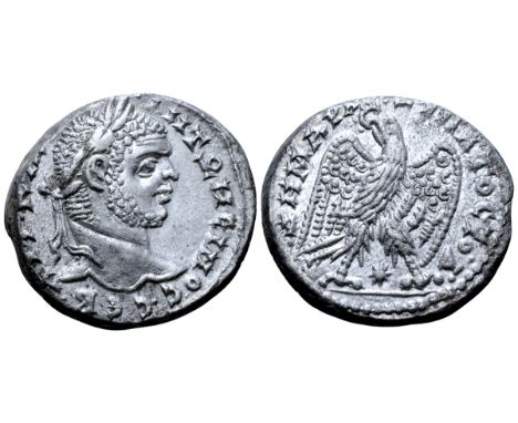Caracalla AR Tetradrachm of Laodicea ad Mare, Seleucis and Pieria. AD 215-217. AYT•K•M•A• ANT?N?INOC• C?B, laureate head righ