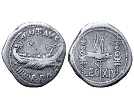 Marc Antony Legionary AR Denarius. Military mint moving with Antony, autumn 32 - spring 31 BC. ANT•AVG III•VIR•R•P•C, praetor