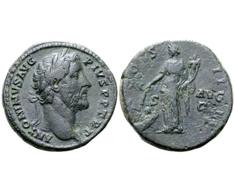 Antoninus Pius Æ Sestertius. Rome, AD 145-161. ANTONINVS AVG PIVS P P TR P, laureate head right / COS IIII, Pax standing left